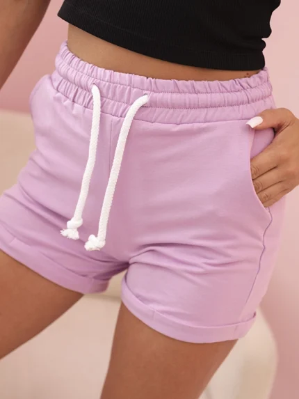 Spodenki damskie bawełniane z gumką i wiązanie w pasie jasno fioletowe