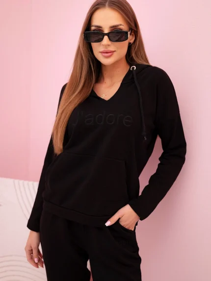 Komplet dresowy bawełniany damski z kapturem i nadrukiem czarny