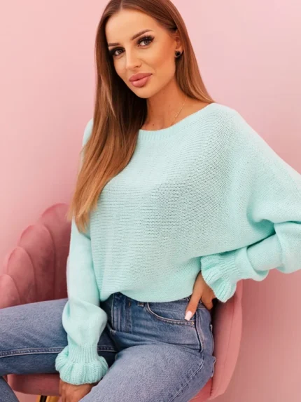 Sweter damska z moheru z marszczonymi rękawami i wycięciem na plecach miętowy