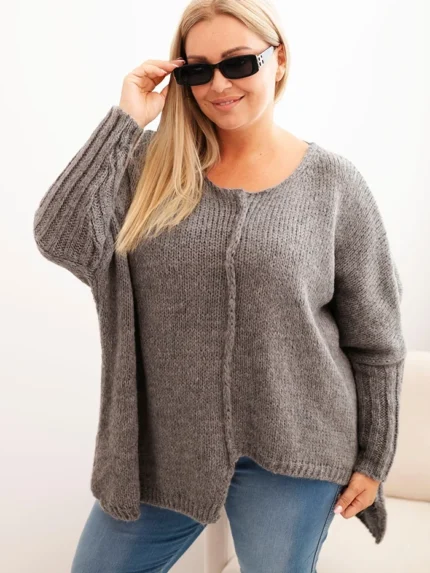 Sweter damska Plus Size z akrylem o luźnym kroju i rękawem 3/4 grafitowy