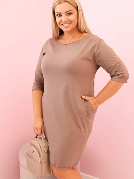 Sukienka damska Plus Size z bawełną o prostym kroju i rękawem 3/4 fango