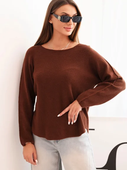 Sweterek damska z wiskozy z długim rękawem i okrągłym dekoltem czekoladowy