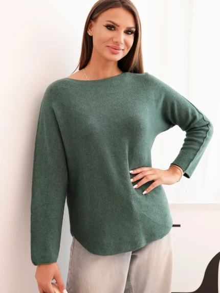 Sweterek damska z wiskozy z długim rękawem i okrągłym dekoltem ciemny zielony