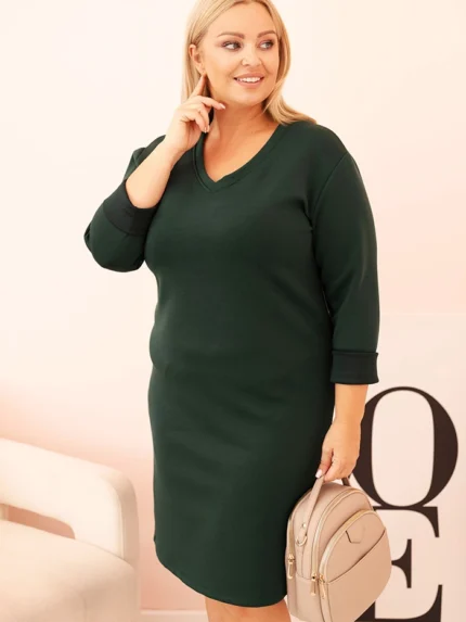 Sukienka damska Plus Size masełkowa z dekoltem V i rękawem ciemno zielona