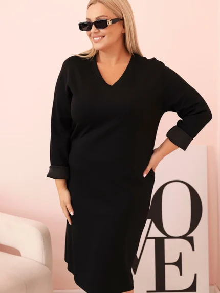 Sukienka damska Plus Size masełkowa z dekoltem V i rękawem czarna
