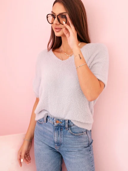 Sweter damski z miękkiego włosia z dekoltem V krótki rękaw szary