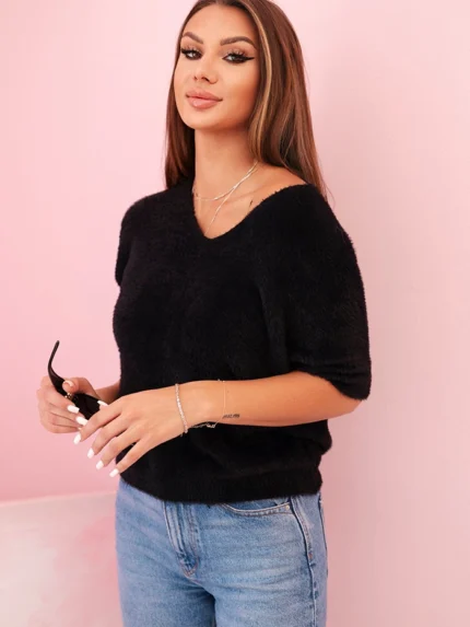 Sweter damski z miękkiego włosia z dekoltem V krótki rękaw czarny