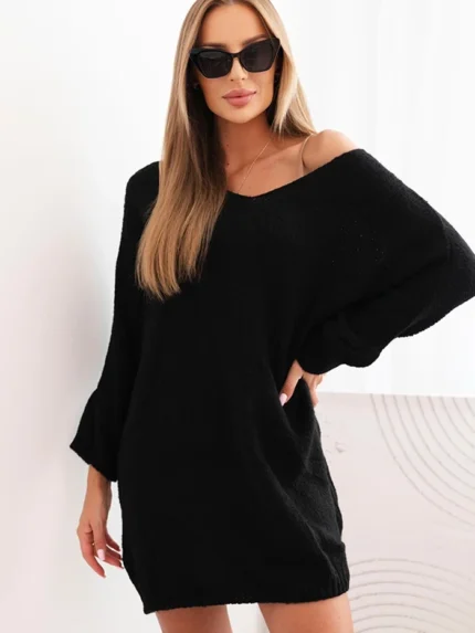 Sukienka damska Plus Size wełniana z dekoltem V czarna