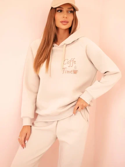 Komplet damski bawełniany ocieplany z nadrukiem beżowy