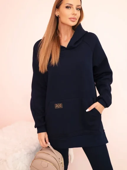 Komplet damski bawełniany bluza z kapturem i legginsy z wysokim stanem granatowy