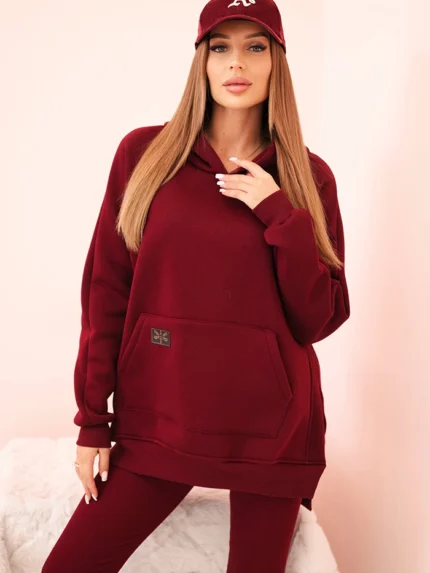 Komplet damski bawełniany bluza z kapturem i legginsy z wysokim stanem bordowy
