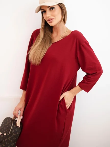 Sukienka damska Plus Size z bawełną o prostym kroju i rękawem 3/4 bordowa