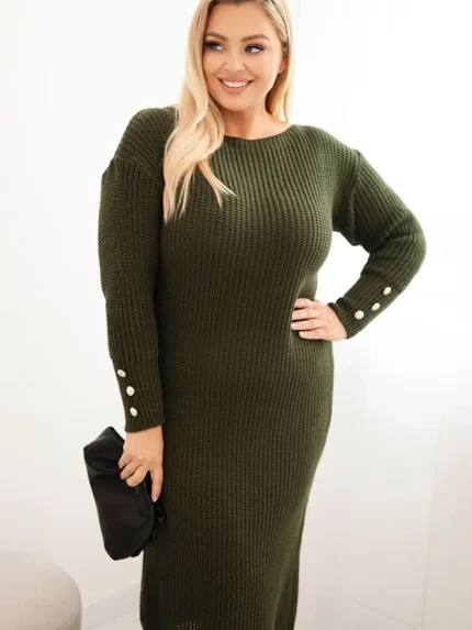 Sukienka swetrowa damska Plus Size z moherem khaki