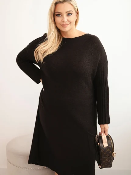 Sukienka swetrowa damska Plus Size z moherem oversize z kieszenią brązowa