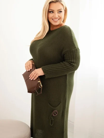 Sukienka swetrowa damska Plus Size z moherem oversize z kieszenią khaki