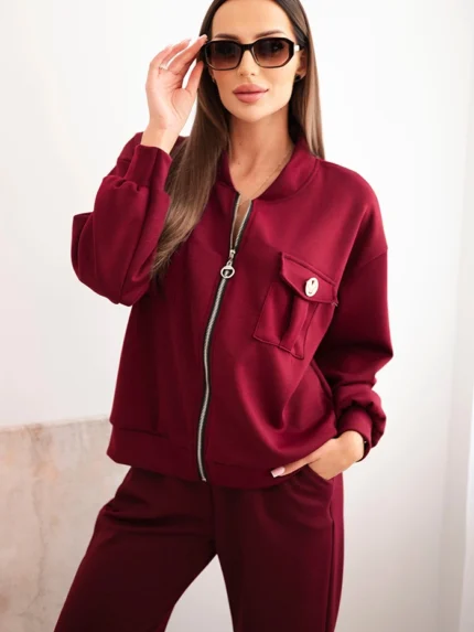 Komplet damski masełkowy z wiskozy z rozpinaną bluzą i spodniami śliwkowy