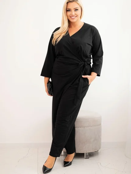 Kombinezon damski bawełniany Plus Size z wiązaniem w pasie i rękawem 3/4 czarny
