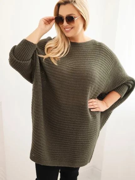 Sweter damski Plus Size z moherem ponczo khaki