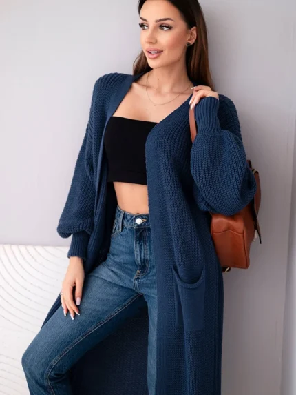 Długi sweter kardigan ciemno jeansowy