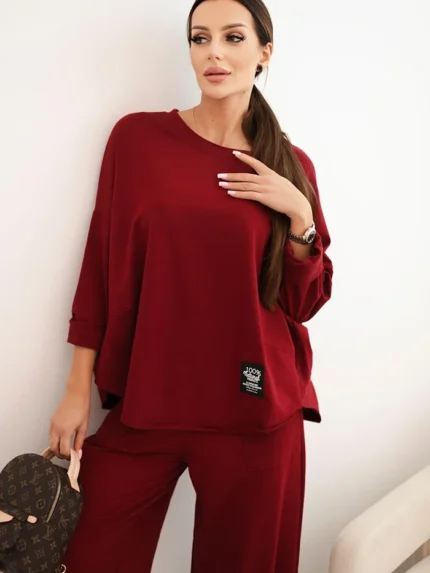 Komplet bawełniany bluza + spodnie ciemno bordowy
