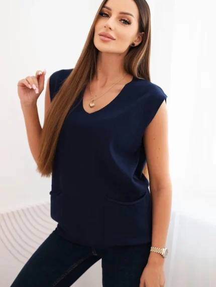 Sweter damski wiskozowy bez rękawów z kieszeniami i dekoltem V granatowy