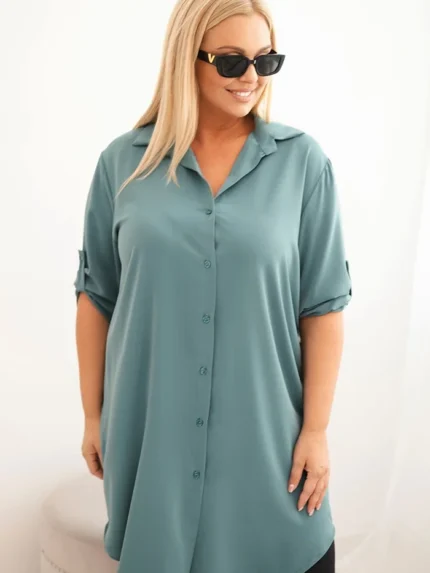 Sukienka damska koszulowa Plus Size z dłuższym tyłem i podwijanym rękawem ciemno miętowa