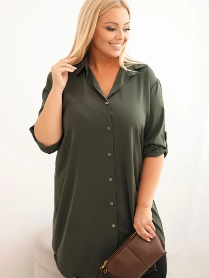 Sukienka damska koszulowa Plus Size z dłuższym tyłem i podwijanym rękawem khaki
