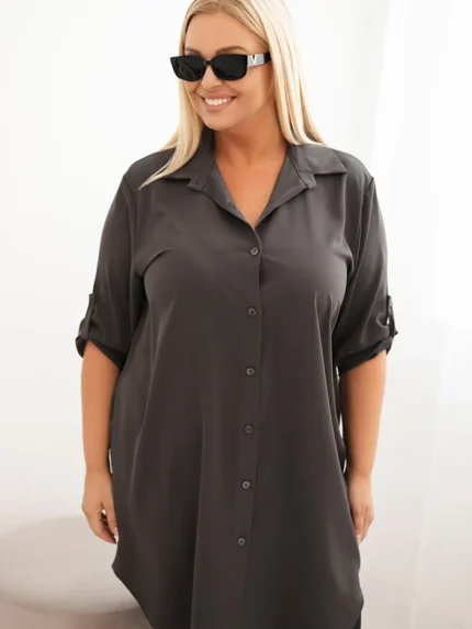 Sukienka damska koszulowa Plus Size z dłuższym tyłem i podwijanym rękawem grafitowa