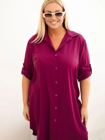 Sukienka damska koszulowa Plus Size z dłuższym tyłem i podwijanym rękawem ciemno fioletowa