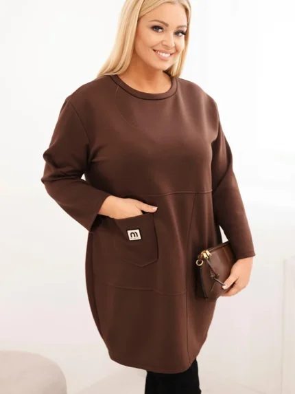 Sukienka damska Plus Size masełko z kieszenią i rękawem 3/4 brązowa