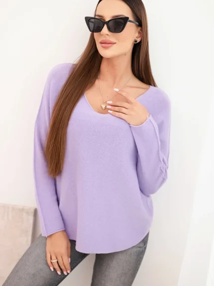 Sweter damska z wiskozą z dekoltem w serek jasno fioletowy