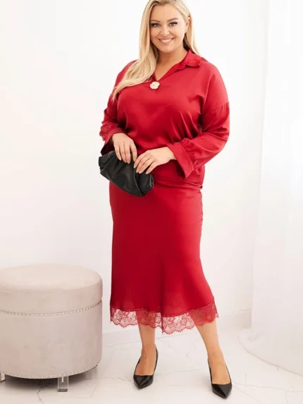 Komplet damska Plus Size z satynowym połyskiem i koronką bordowy