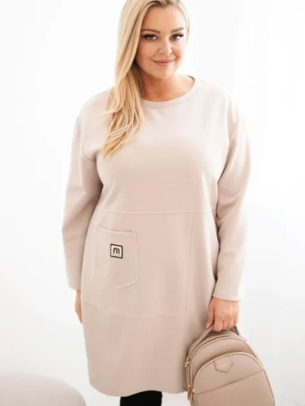 Sukienka damska Plus Size masełko z kieszenią i rękawem 3/4 beżowy