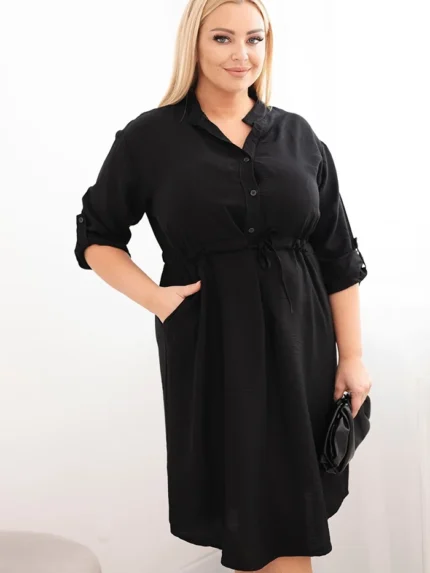 Sukienka damska z wiskozy Plus Size z guzikami i wiązaniem w talii czarna