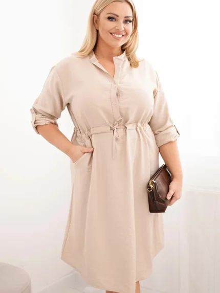 Sukienka damska z wiskozy Plus Size z guzikami i wiązaniem w talii beżowa