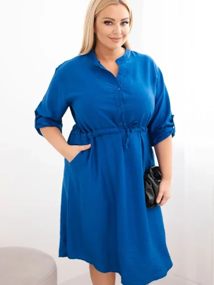 Sukienka damska z wiskozy Plus Size z guzikami i wiązaniem w talii chabrowa