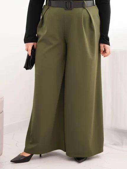 Spodnie damskie Plus Size z szeroką nogawką i paskiem khaki