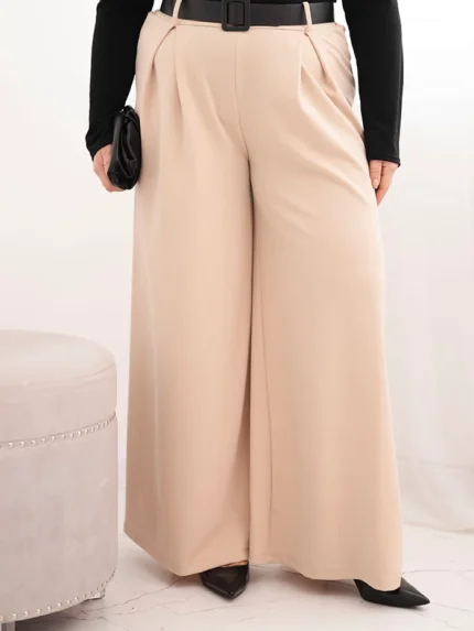 Spodnie damskie Plus Size z szeroką nogawką i paskiem beżowe