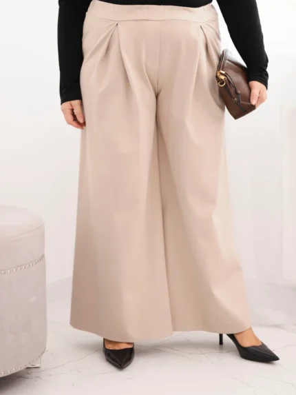 Spodnie damskie Plus Size z szerokimi nogawkami i plisowaniem beżowe