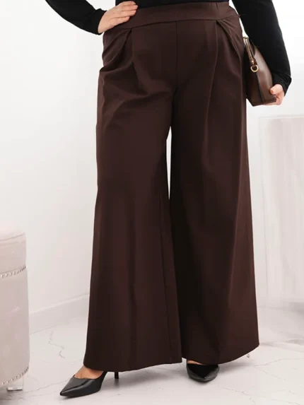Spodnie damskie Plus Size z szerokimi nogawkami i plisowaniem brązowe