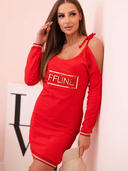 Sukienka damska bawełniana z odkrytymi ramionami i napisem OFFLINE czerwona
