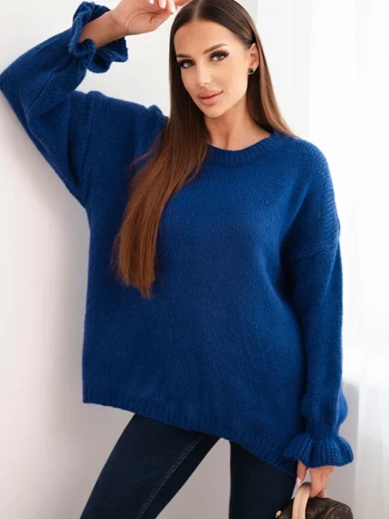 Sweter damski z dodatkiem moheru i wełny o luźnym fasonie chabrowy