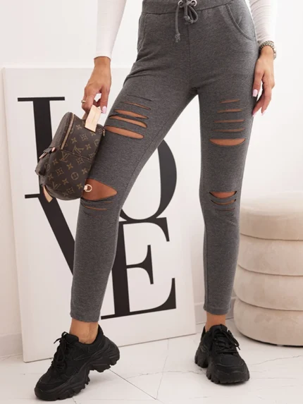 Spodnie damskie bawełniane z przetarciami i gumką w pasie grafitowe