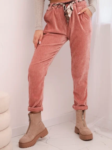 Spodnie damskie z wiskozy z apaszkowym paskiem ciemno różowe