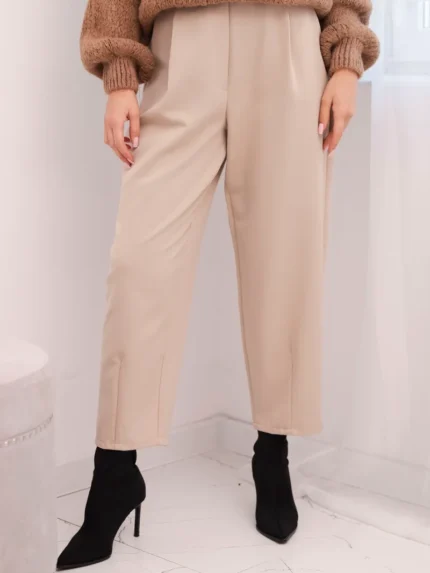 Spodnie damskie z wysokim stanem i zakładkami beżowe