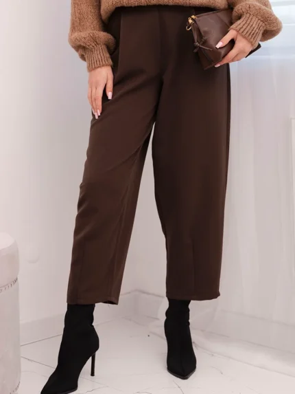 Spodnie damskie z wysokim stanem i zakładkami brązowe