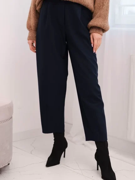 Spodnie damskie z wysokim stanem i zakładkami granatowe