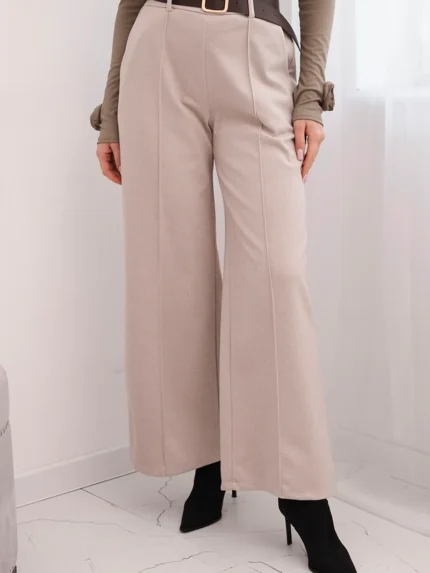 Spodnie damskie eleganckie z paskiem i szeroką nogawką beżowe