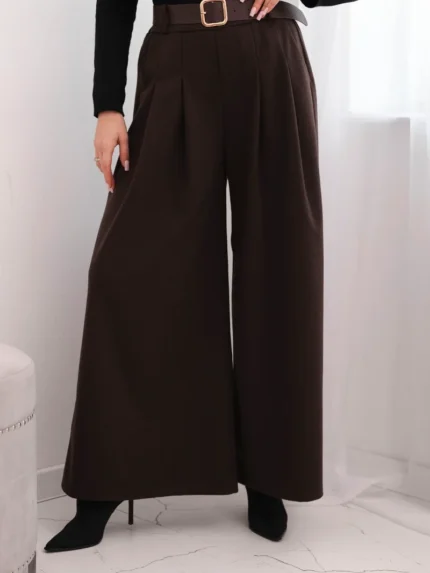 Spodnie damskie z szeroką nogawką i paskiem brązowe