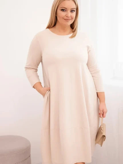 Sukienka damska bawełniana Plus Size z podwijanym rękawem i kieszeniami beżowa